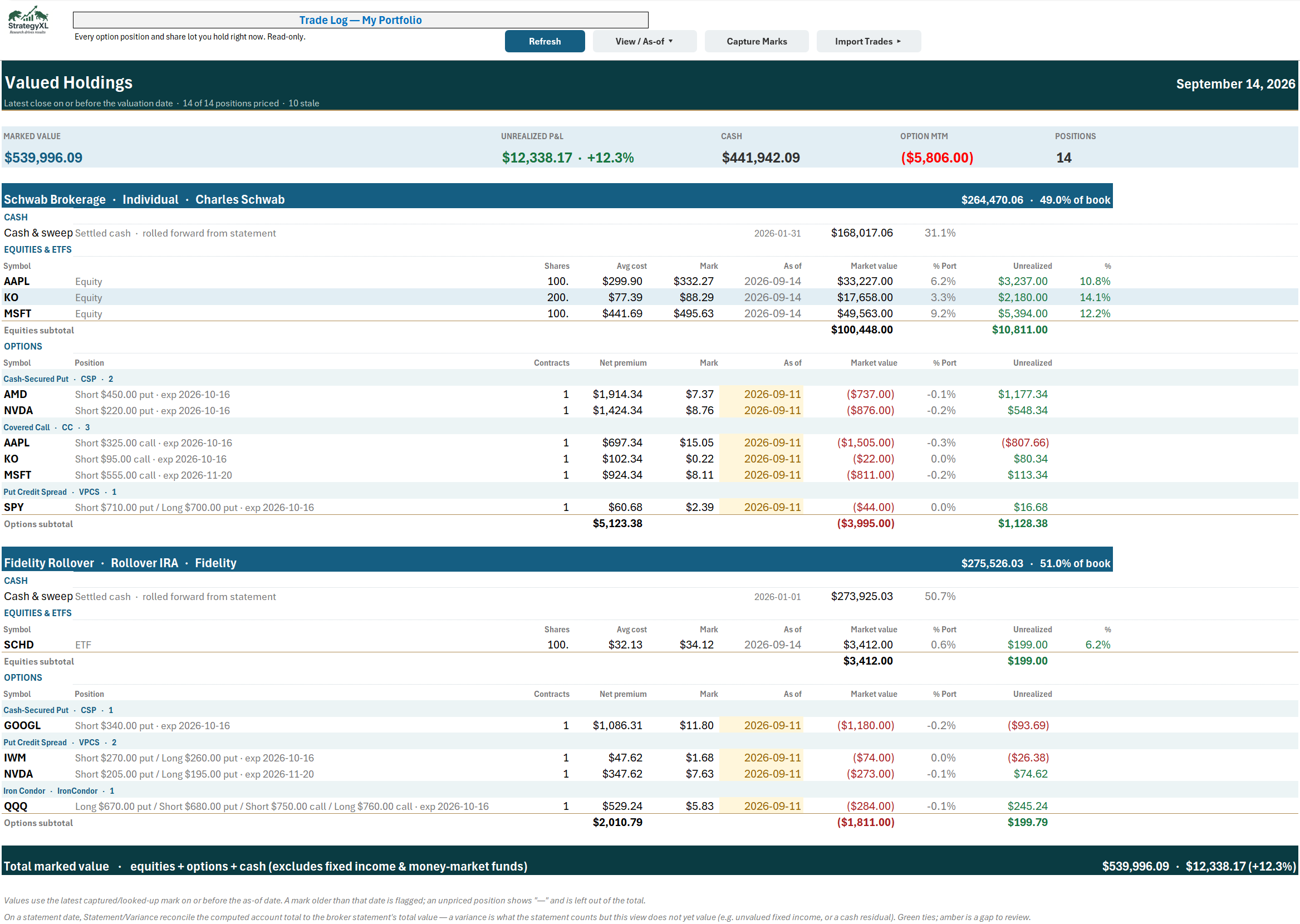 StrategyXL My Portfolio in Excel — equity holdings with cost basis and unrealized P&L, option positions grouped by strategy with premium and mark-to-market, cash from the reconciled register, and grand totals with position weights.